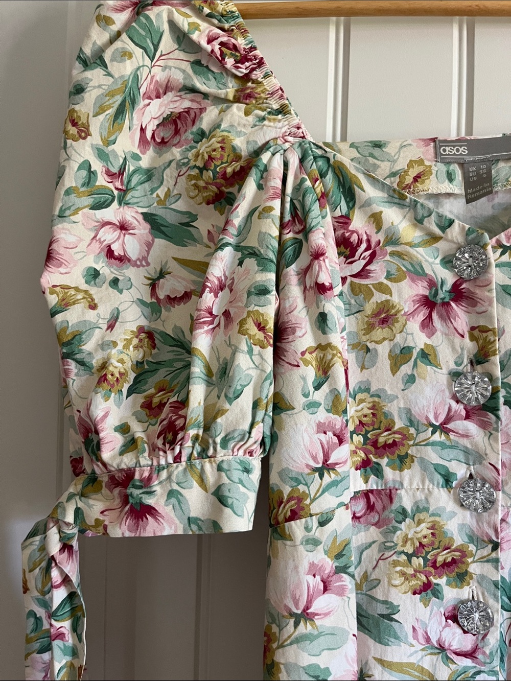ASOS Puff Sleeve Floral Button-Front Midi Dress in Pink, Green & Cream - Picture 10 of 16